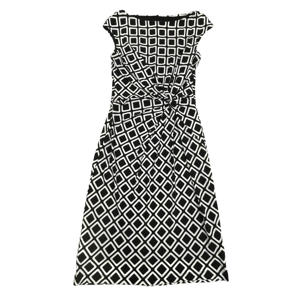 Lauren Ralph Lauren Geometric Ruched Faux Wrap Dress 6 Black White Wedding Guest